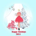 Greeting cards for winter holidays, merry christmas and happy new year,Elegantly dressed girl decorates a Christmas tree